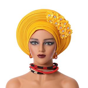 2024 새로운 아프리카 Headtie Turban 나이지리아 머리 넥타이 꽃 이미 만든 자동 Gele 여성 머리 랩 웨딩 파티 모자 모자