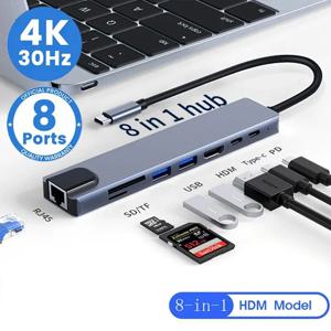 8in1 USB C 허브 유형 C 분배기 4K Thunderbolt 3 도킹 스테이션 Macbook Air M1 iPad Pro RJ45 HDTV 컴퓨터 용 노트북 어댑터