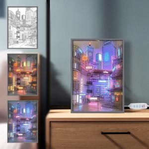 LED 아름다운 도시 야경 라이트 페인팅, HD 그림 좁은 베젤 Usb 플러그 디밍 로맨틱 홈 장식 야간 램프