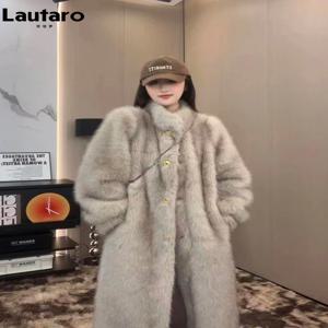 Lautaro 가을 겨울 긴 두꺼운 따뜻한 털이 부드러운 가짜 여우 모피 코트 여성 스탠드 칼라 우아한 럭셔리 세련된 푹신한 자켓 2024
