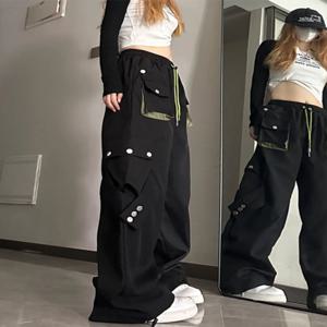 아메리칸 하이 스트리트 워크웨어 캐주얼 팬츠 여성용 봄 루즈 컬러 블록 스트레이트 레그 팬츠 포켓 스트레이트 레그 트라우저