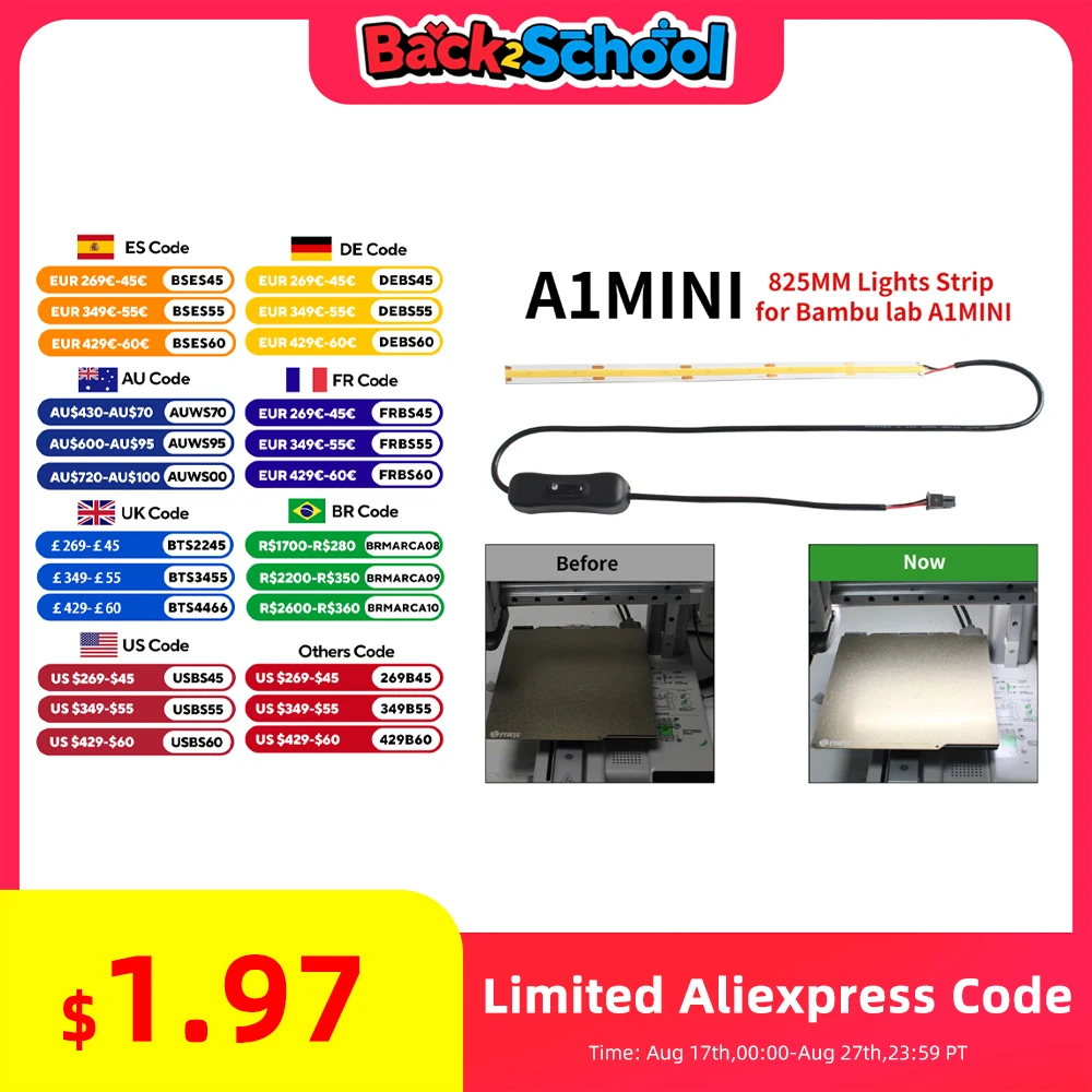 Bambu Lab A1/A1 미니 필 라이트 Ra95 24V 용 Led 라이트 스트립 Bambulab A1/A1mini 부품 용 슈퍼 브라이트 3D 프린터 액세서리