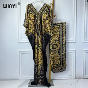 WINYI 아바야 두바이 럭셔리 아프리카 보호 프린트 V넥 긴팔 카프탄 원피스, 우아한 맥시 길이 원피스, 여성 의류