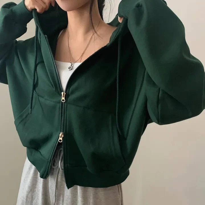레트로 초가을 짧은 캐주얼 긴 소매 더블 지퍼 느슨한 다목적 후드 통근 스타일 퓨어 컬러 코튼 00%