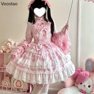 빅토리아 달콤한 로리타 Jsk 드레스 여성 Kawaii 귀여운 레이스 프릴 꽃 웨딩 보우 드레스 일본 빈티지 우아한 공주님 드레스