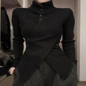 특대 불규칙한 슬림 피트 Bottoming 스웨터 간단한 검은 터틀넥 니트 탑 여성 2025 가을 새로운 긴 소매 카디건