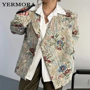 YERMORA 여성용 꽃과 식물 패션 블레이저, 하프 라펠, 긴팔, 루즈핏 타이드 베이직 재킷, 용수철 가을 2024 A59