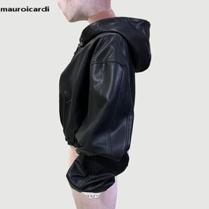 Mauroicardi 여성용 시원한 짧은 방수 블랙 PU 가죽 재킷, 후드, 긴팔 지퍼, 럭셔리 디자이너 의류, 용수철, 2024