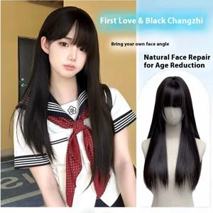 검은 합성 가발 여성 긴 직선 머리 로리타 자연 플랫 앞머리 얼굴 모양 매일 파티 사용 전체 머리 커버