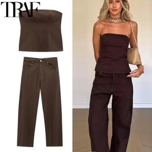 TRAF 청바지 바지 세트 여성용 2 피스 세트 Strapless Crop Top 2 피스 세트 여성용 탱크 & Camis Baggy Denim Set 여름 의상