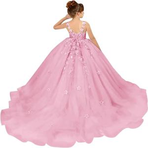 결혼식을위한 Tulle 꽃의 소녀 드레스 꽃 아플리케 공주 미인 대회 드레스 소녀 생일 파티 공 가운