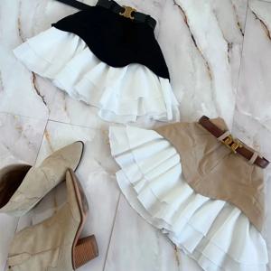 Chic Ruffles 여성 미디 스커트 하이 웨이스트 플리츠 스플 라이스 라인 스커트 2025 패션 봄 여름 의류 레이디 스트리트의 새로운 기능