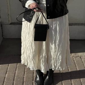 Hirsionsan Pleated 하이 웨스트 스커트 여성 2025 New Soft Fold Office 레이디 기본 미디 스커트 세련된 우아한 소녀 광택 롱 스커트