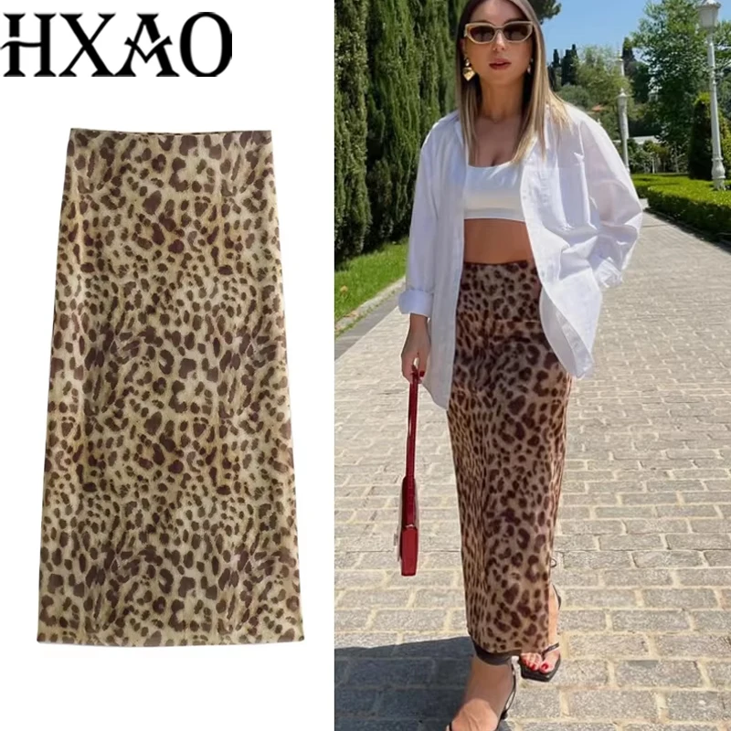 HXAO Tulle Leopard 스커트 여성용 빈티지 여름 롱 스커트 여성 프린트 우아한 여성 스커트 하이 웨이스트 섹시 스커트 088