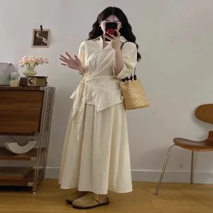 플러스 사이즈 여성 여름 셔츠 스커트 세트 슬리밍 배 모양 하이 웨이스트 A라인 미디 스커트 클래식 프레피 스타일 패셔너블 앙상블