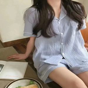 여름 부드러운 코튼 린넨 잠옷 여성 짧은 소매 가정 의류 2 피스 세트 귀여운 청소년 폴리 에스터 섬유 얇은 직물