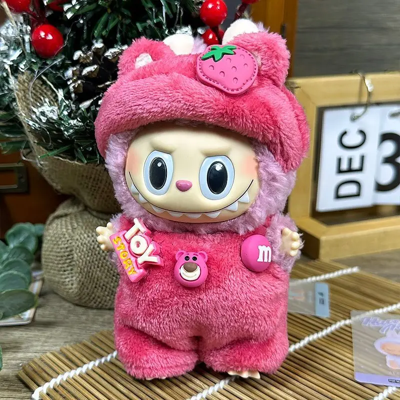 17cm 딸기 곰 Labubu 앉아 앉아 파티 옷 Labubu 하트 비트 마카롱 펜던트 옷 교체 Collectible Art