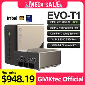 GMKtec AI 미니 PC EVO-T1 인텔 코어 울트라 9 285H 윈도우11 프로 M.2 SSD Wifi6 BT5.2 64GB LPDDR5 1TB SSD PCIe4.0 게이밍 컴퓨터