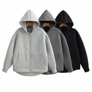 가을 겨울 빈티지 지퍼 후드 여성 긴 소매 포켓 자켓 솔리드 루즈 스웨터 캐주얼 스트리트 코트 레이디 복장 착용