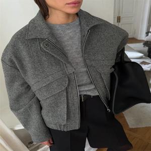 Tossy 가을 회색 지퍼 아웃웨어 자켓 여성 솔리드 루즈 패치 워크 하이 웨이스트 크로프트 탑 코트 streetwear 여성 자켓