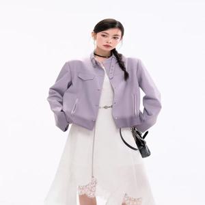 2025년 초가을 아디언트 퍼플 스프레이 컬러 PU 가죽 재킷 여성용 슬리밍 오버코트 출퇴근 슬레 레귤러 슬브