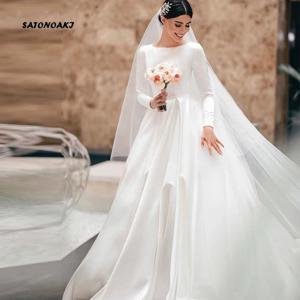 여성을위한 맞춤형 간단한 빈티지 화이트 아이보리 새틴 웨딩 드레스 긴 소매 a 라인 신부 가운 vestidos de novia robe mariée