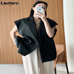 Lautaro-여성용 라이트 소프트 인조 가죽 조끼, 라펠, 엘레강트, 럭셔리, 디자이너, 민소매 자켓, 봄, 가을 패션, 블랙