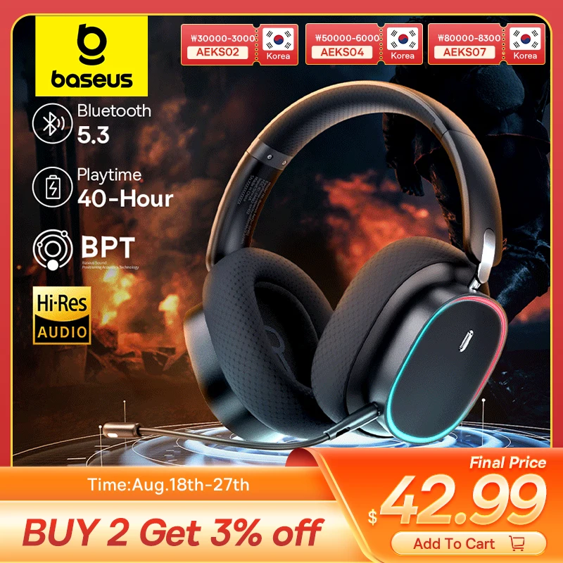 Baseus GH02 게임용 무선 헤드폰(마이크 포함) 오버이어 헤드폰 Bluetooth 5.3 40mm 드라이버 2.4G/무선/케이블 RGB 헤드셋