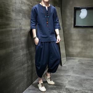 남성용 일본 스타일 투피스 티셔츠 바지, 남성 정장, 기모노 반팔, 일본 하라주쿠 유카타 가디건 의상, 상의 바지