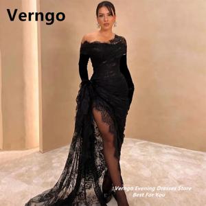 Verngo 블랙 레이스 파티 드레스 오프 숄더 무도회 원피스, 2024 흑인 소녀 인어 슬릿 포멀 원피스, 맞춤형