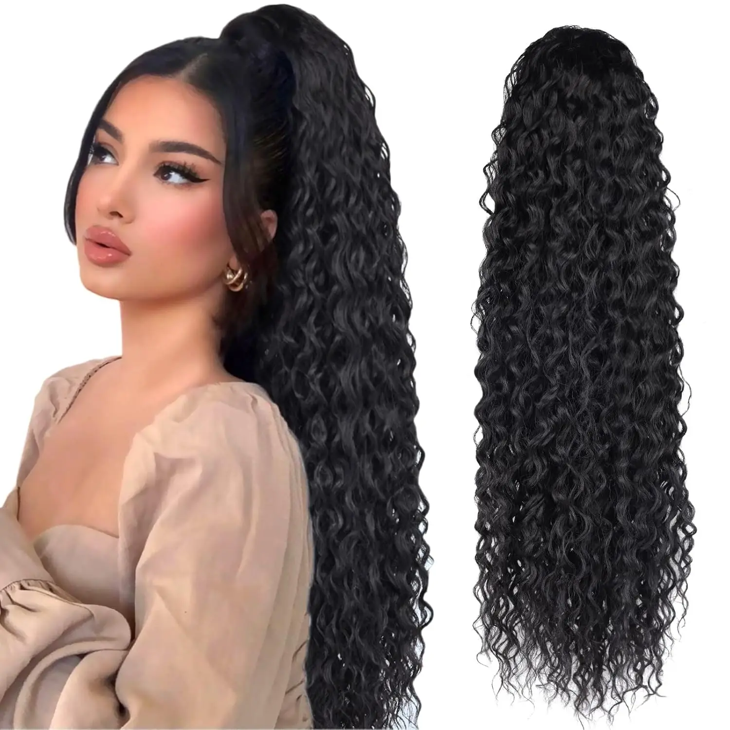 합성 가발 24 인치 긴 곱슬 웨이브 Drawstring 포니 테일 HairPieces 확장 내열성 클립 여성용 소녀