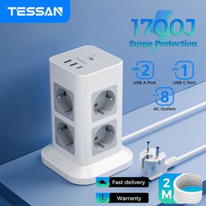 TESSAN 타워 전원 스트립 멀티 콘센트(2개의 USB +1 유형 C 2M 연장 케이블 포함) EU 플러그 수직 전기 소켓 서지 보호