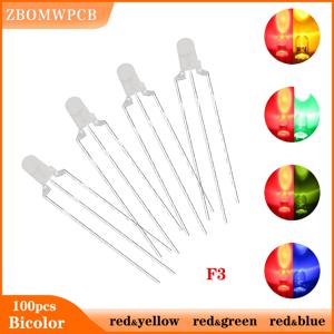 이중 색상 LED 다이오드 방출 조명, F3 라운드 확산 이중 색상 안개등, 공통 양극, 음극, 적색, 황색, 청색, 녹색, 100 개, 3mm