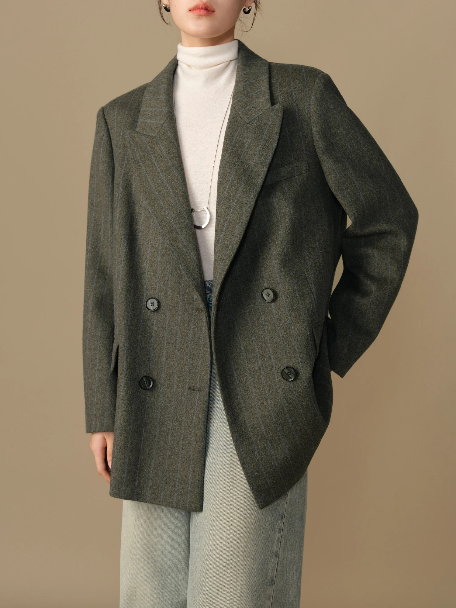 DUSHU 여성용 51.1% 울 블레이저 코트, 노치 칼라, 루즈 그레이 블레이저, 오피스 레이디 모직 스트라이프 코트, 겨울, 24DS84351
