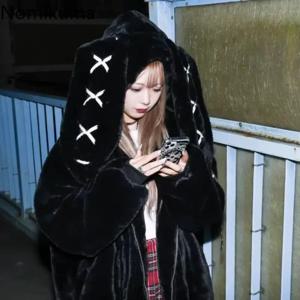 2025 겨울 의류 여성 자켓 하라주쿠 토끼 귀 펑크 블랙 코트 두꺼운 모피 지퍼 오버 사이즈 Y2k 탑 Ropa Mujer