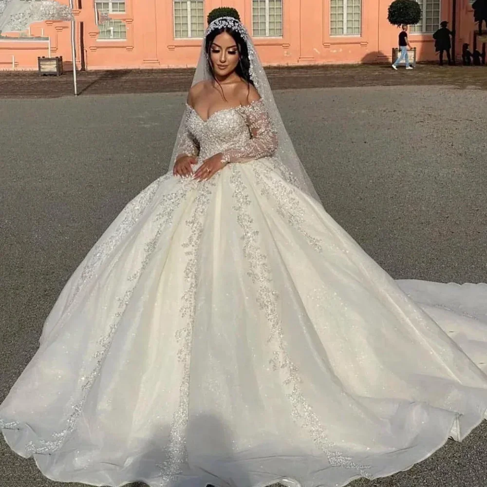 맞춤형 v 넥 웨딩 드레스 오프 숄더 반짝 이는 스팽글 신부 가운 볼 가운 긴 가운 vestido de novia 2025
