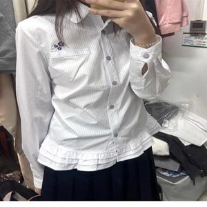 HOUZHOU 화이트 스트라이프 여성 셔츠, 긴 소매 꽃 자수, 한국 패션 블라우스, 프릴 루즈 프레피 JK 용수철 신상
