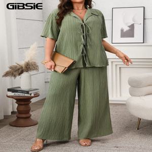 GIBSIE 여성용 플러스 사이즈 용수철 투피스 세트, 루즈한 레이스업 셔츠 상의 + 와이드 레그 팬츠, 2025 여성 캐주얼 투피스 의상, 여름