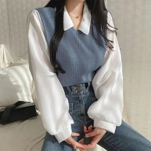 여름 블라우스 여성 한국 스타일 거짓 투피스 폴로 칼라 블라우스 Y2k 탑 streetwear 느슨한 청소년 풀오버 우아한 셔츠