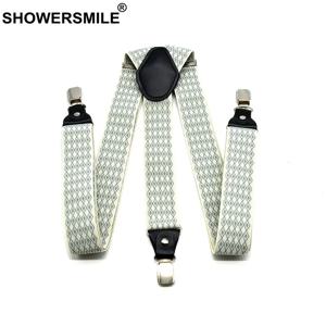 SHOWERSMILE 남성용 서스펜더 바지 와이드 아가일 3 클립 서스펜더 스트랩 베이지 자카드 조절 가능한 남성용 멜빵 120cm * 3.5cm
