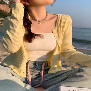 여성 여름 새 카디건 한국어 우아한 니트 긴 소매 여성 캐주얼 스웨터 탱크 패션 새로운 슬림 숙녀 캐주얼상의