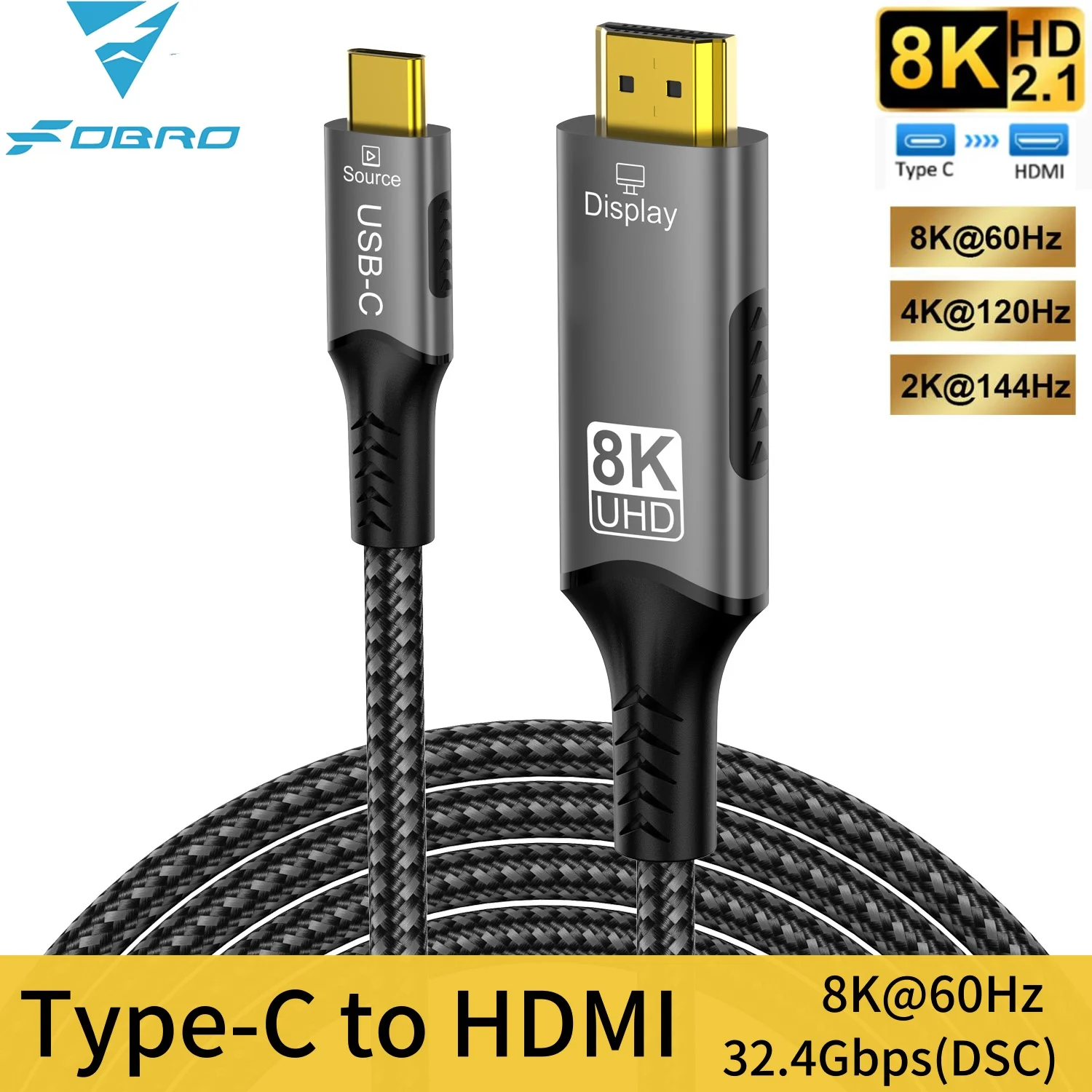 8k@60hz USB C-HDMI 케이블 4k@120hz 유형 C-HDMI 2.1 Thunderbolt 4 호환 HDTV 케이블(PC MacBook Pro HUAWEI용)