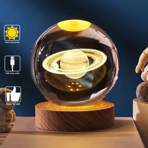 빛나는 크리스탈 공 LED 밤 빛 토성 태양계 3D 문 테이블 램프 USB 침실 분위기 램프 생일 아이 선물