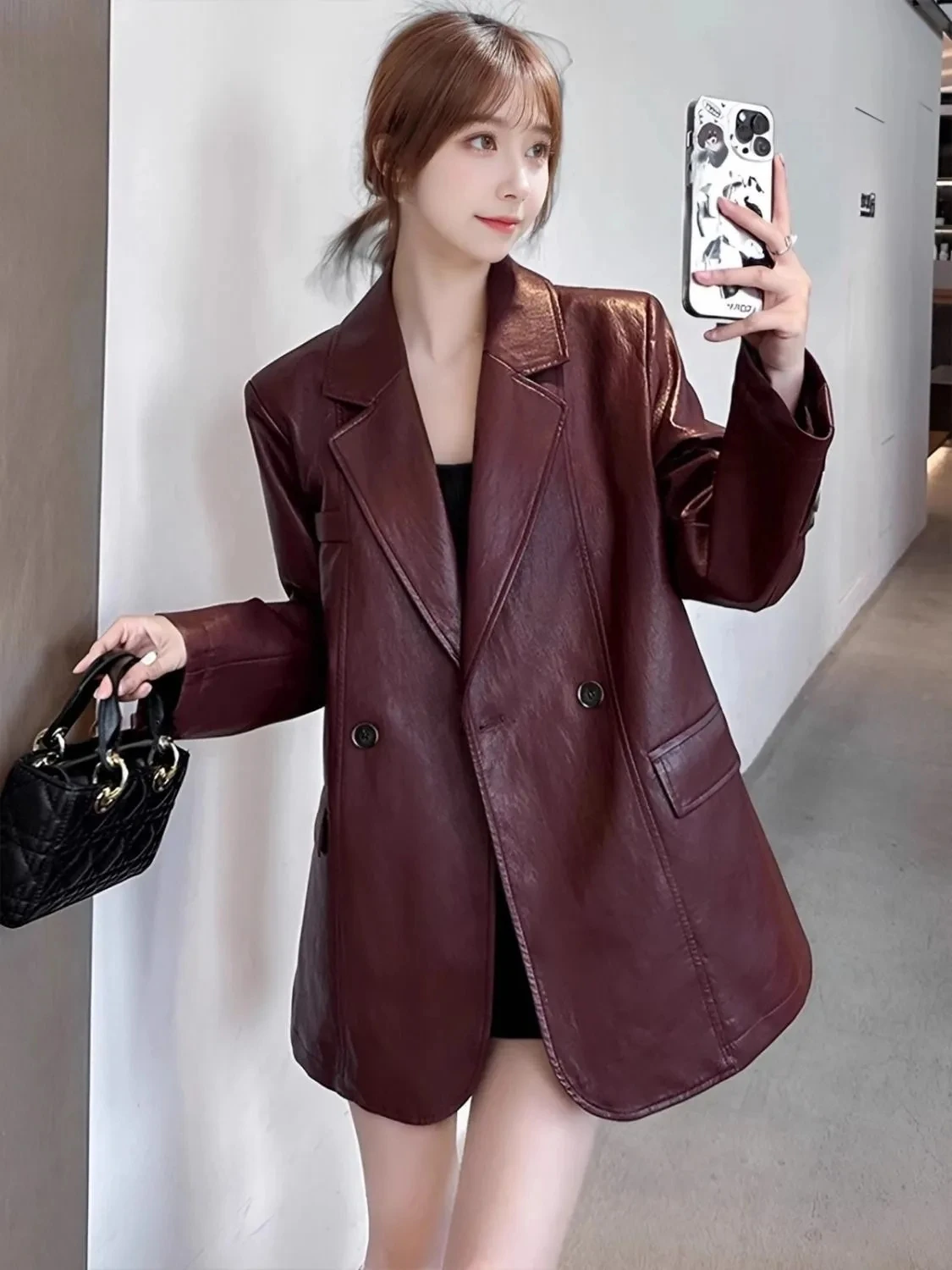 2025 봄 가을 신상 앙켈라 레드 레트로 고급 가죽 재킷 (여성용), 루즈핏 캐주얼 스키니 레더 수트 트렌디 블레이저