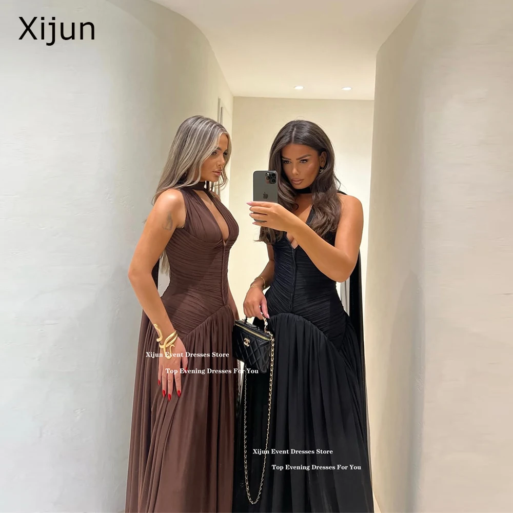 Xijun 현대 쉬폰 긴 이브닝 드레스 홀터넥 민소매 a 라인 댄스 파티 드레스 v 넥 공식 행사 댄스 파티 드레스 맞춤형