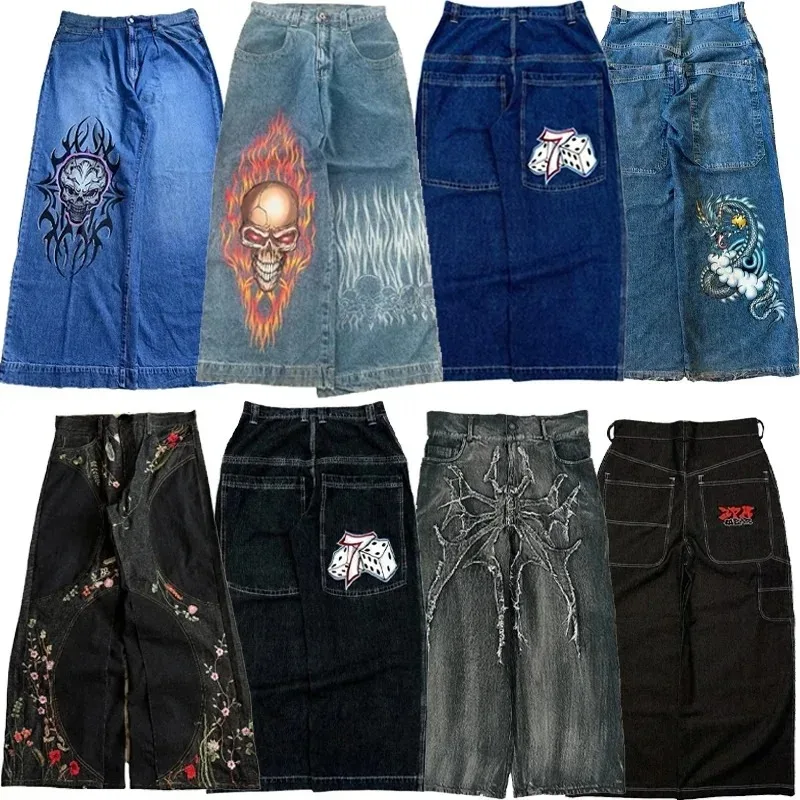 Y2K 배기 청바지 남성 하라주쿠 2000년대 고딕 빈티지 프린트 그래픽 와이드 레그 청바지 streetwear 힙합 아메리칸 패션 캐주얼 청바지