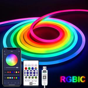 WS2812 RGBIC RGB LED 네온 라이트 스트립, 방 천장 장식용 원격 기능이 있는 5V USB 방수 블루투스 다이오드 네온 테이프 리본