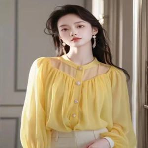 노란색 안티 에이징 아름다운 쉬폰 탑 여성 봄 가을 새로운 경량 럭셔리 독특한 사랑스러운 요정 분위기 플로팅 어퍼 포켓 손수건