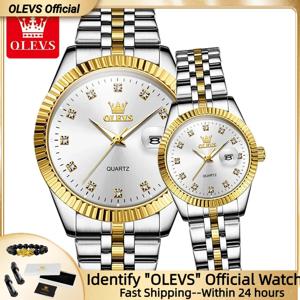 OLEVS 커플 시계 세트, 럭셔리 다이아몬드 골드 시계, 방수 야광 쿼츠 손목시계, 스테인레스 스틸, 연인 선물 5526