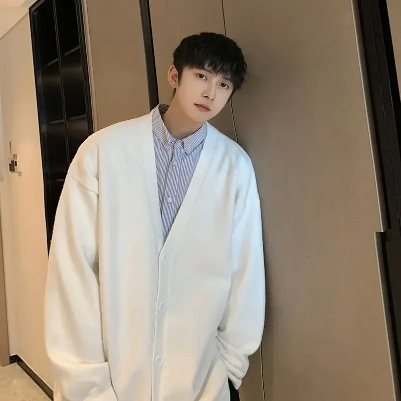 남성 니트 스웨터 코트 카디건, 남성 의류, 화이트 브이넥 무지 단색 재킷, 한국 스타일 캐주얼, 클래식 신상